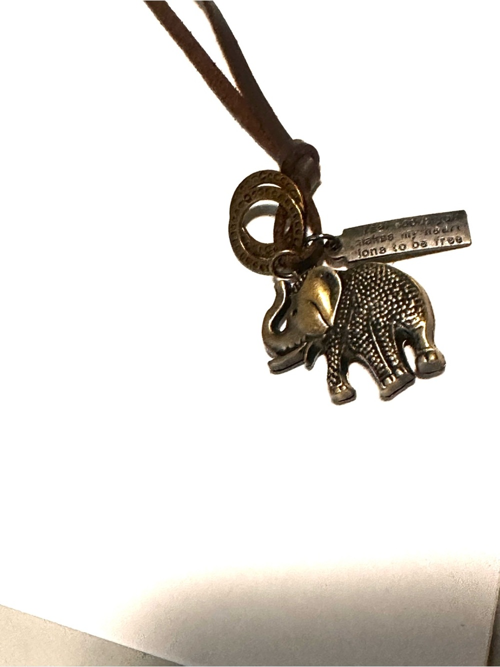 Elephant metal Pendant Necklace on Brown Leather Cord